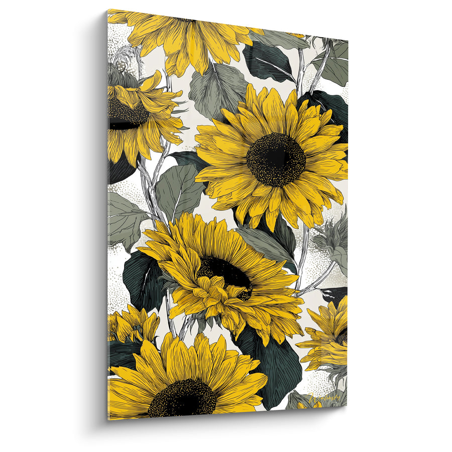 Tableau Tournesols jaune et gris illustrés en surimpression dense - Feuilles pointillées argentées - Edition Tournesol