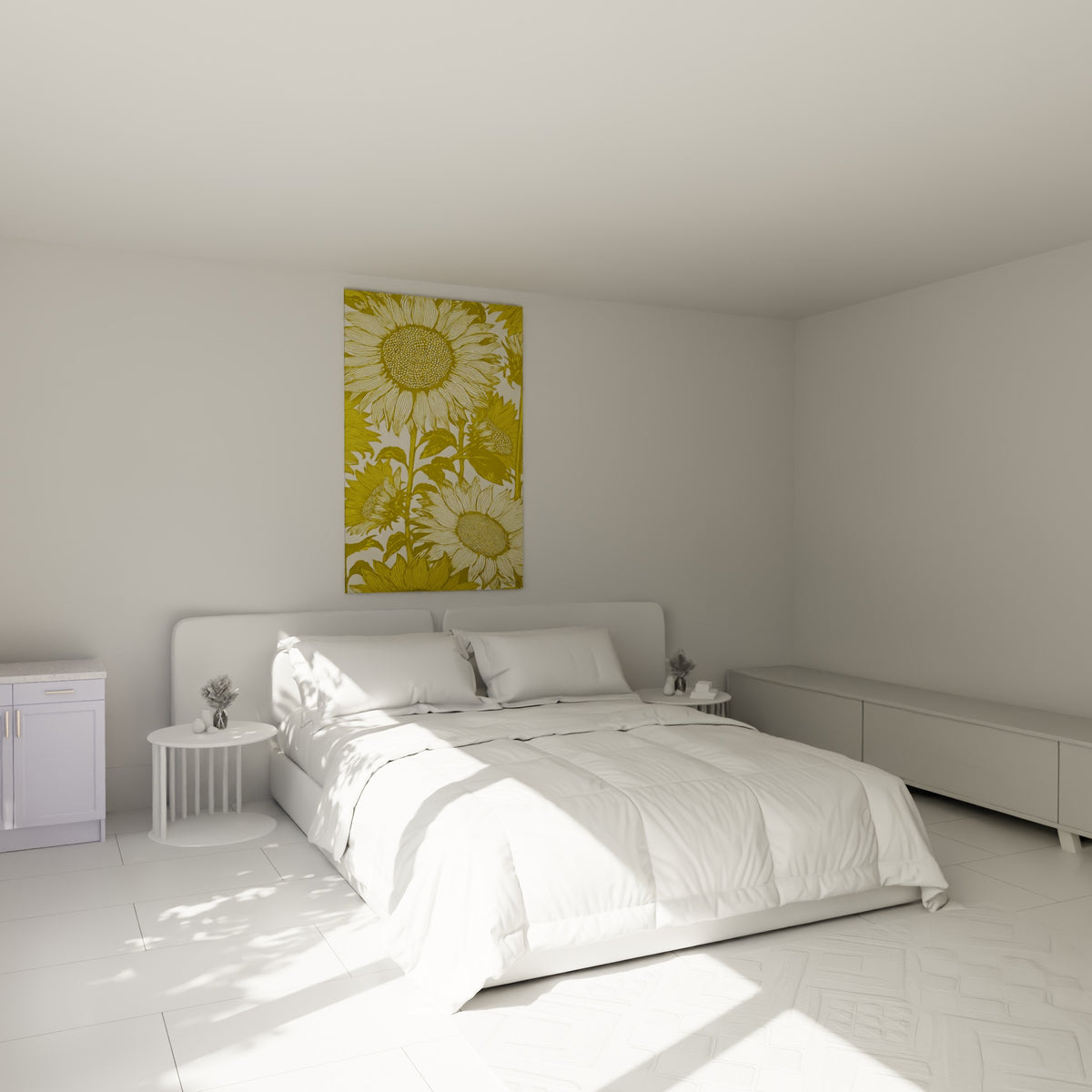 Fleurs de tournesol jaune moutarde et ivoire finement gravées, accrochées au-dessus d'un lit dans une chambre claire