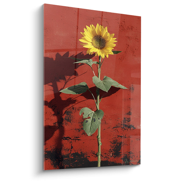 Tableau Tournesol jaune sur mur rouge patiné - Éclat solitaire - Edition Tournesol