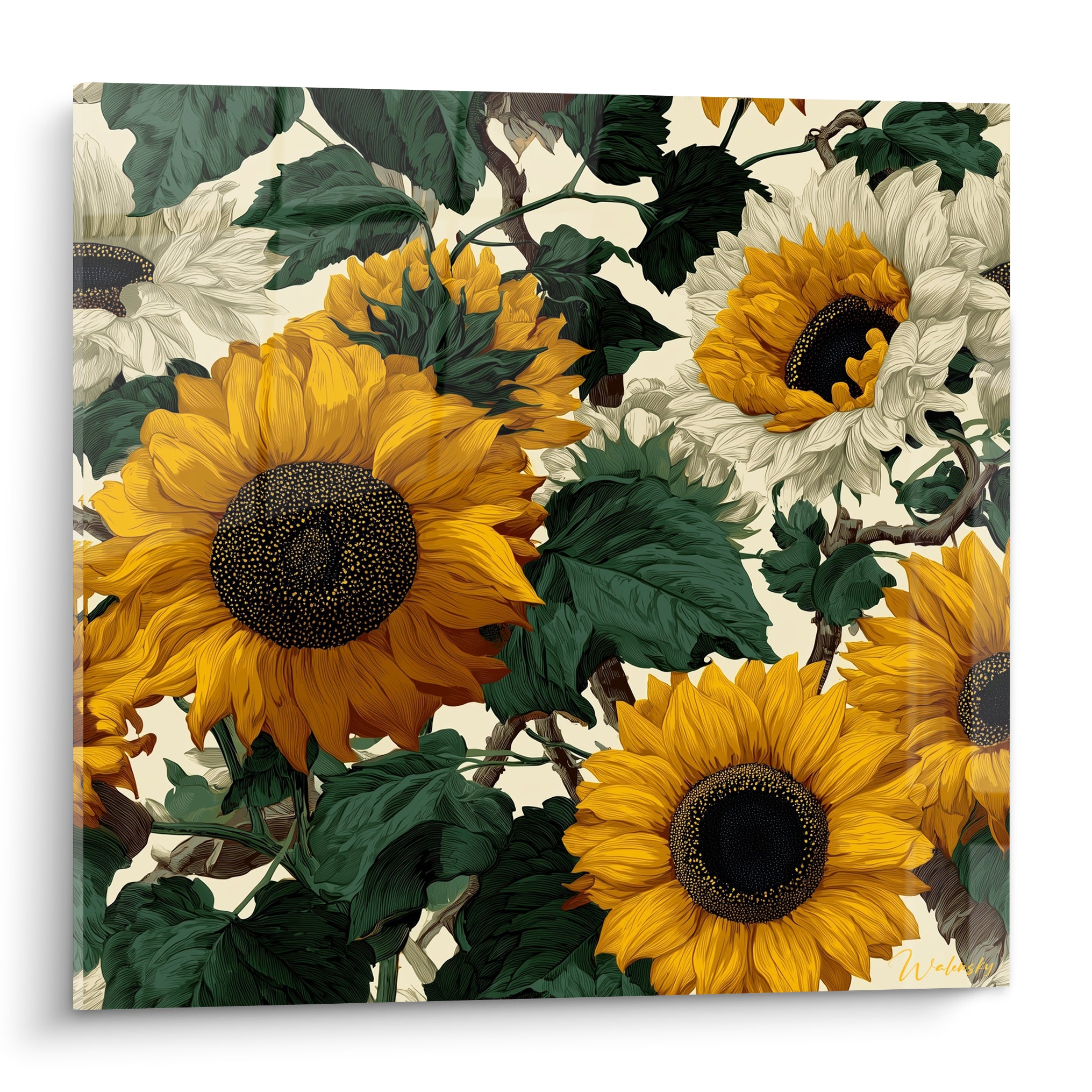 Tournesols jaune ocre et blanc crème aux cœurs anthracite, feuillage vert profond, style botanique détaillé