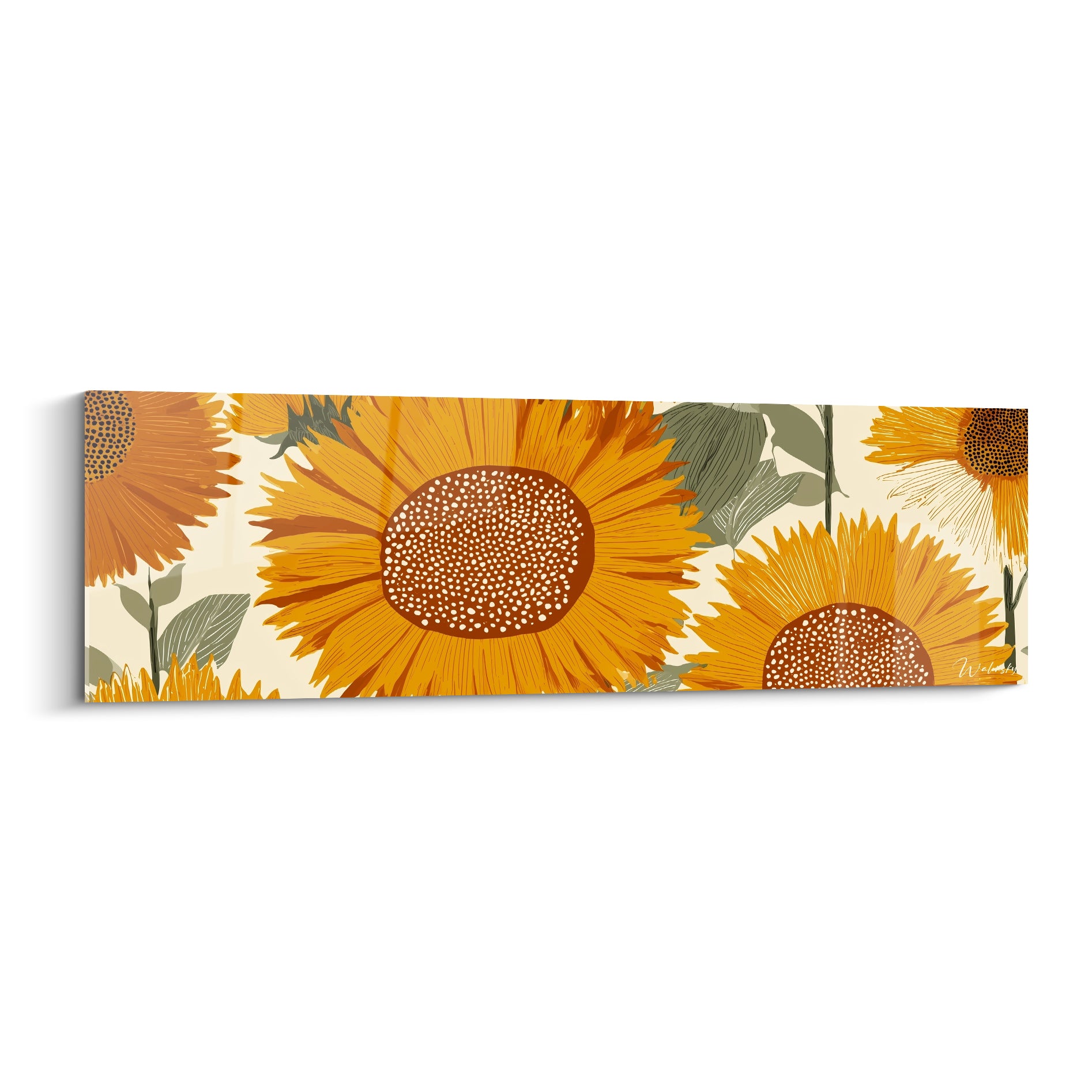 Tournesols jaunes et ocre illustrés en gros plan, feuilles vert sauge sur fond crème