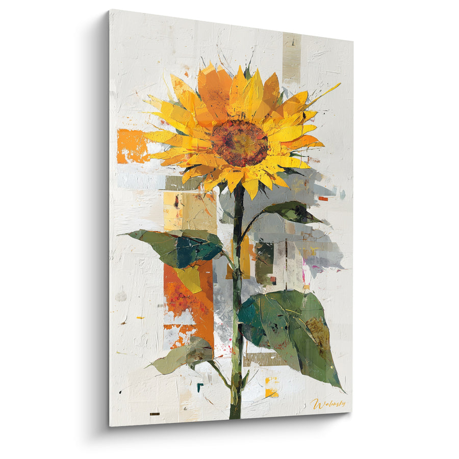 Tableau Tournesol jaune et vert au fond ivoire collagé - Rectangles orange abstraits - Edition Tournesol