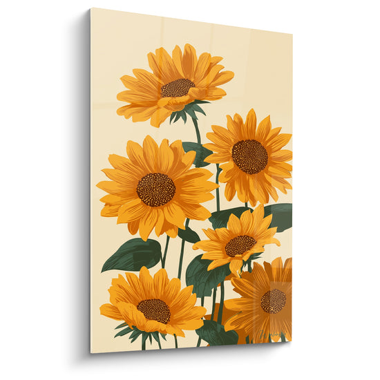 Tableau Tournesols orange et vert sur fond ivoire - Six fleurs groupées - Edition Tournesol