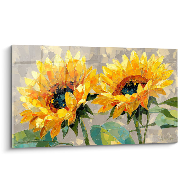 Gemälde Sonnenblumen gelb und grau mit Texturmesser - Duo aus Zwillingsblumen - Sonnenblumen-Edition