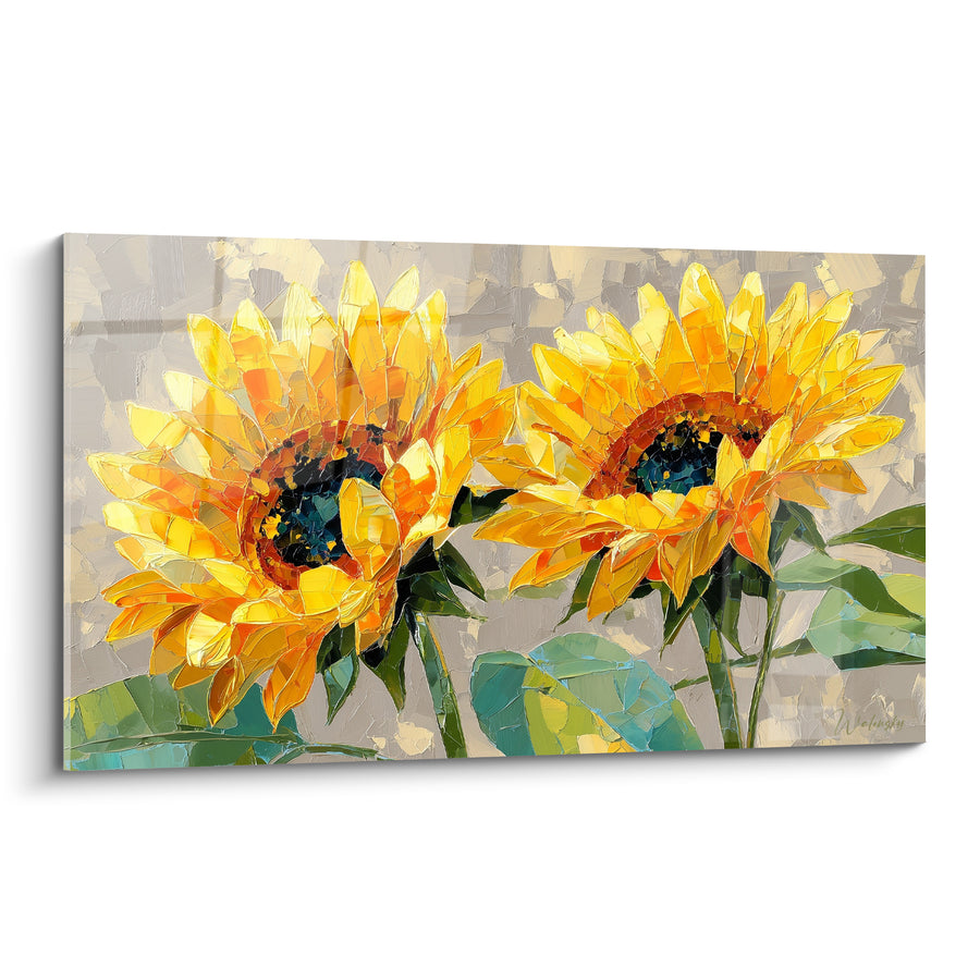 Tableau Tournesols jaunes et gris au couteau texturé - Duo de fleurs jumelles - Edition Tournesol