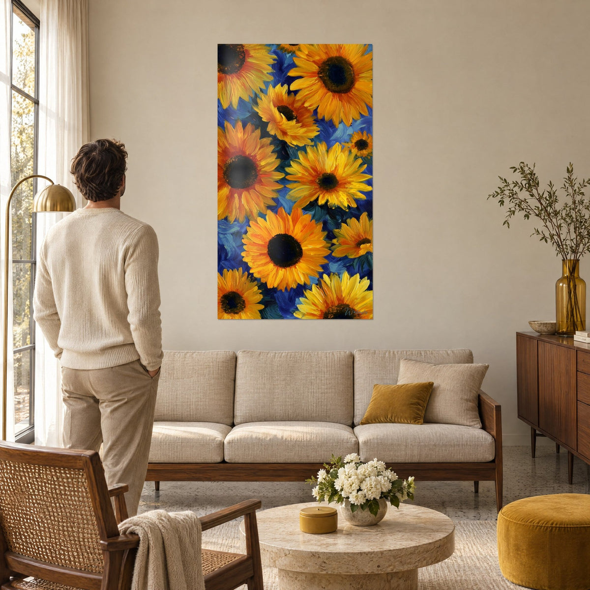Wall art vivid orange sunflowers with brown centers on a deep ultramarine blue background, thick brushstrokes, above a sofa in a bright living room