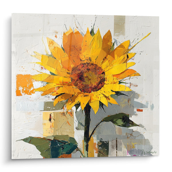 Tableau Tournesol jaune et blanc au fond patchwork géométrique - Tige noire épaisse - Edition Tournesol