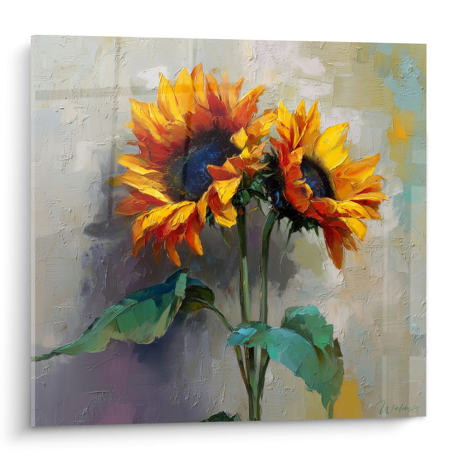 Tableau Tournesols orange et vert sur fond gris texturé - Duo de fleurs penchées - Edition Tournesol