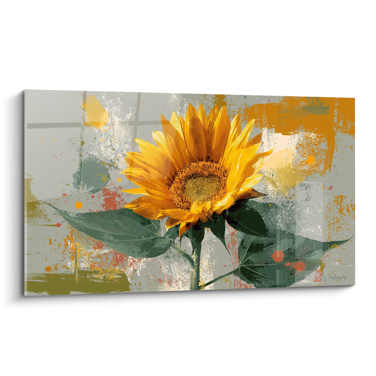 Tournesol jaune vif aux pétales texturés sur fond gris et orange éclaboussé