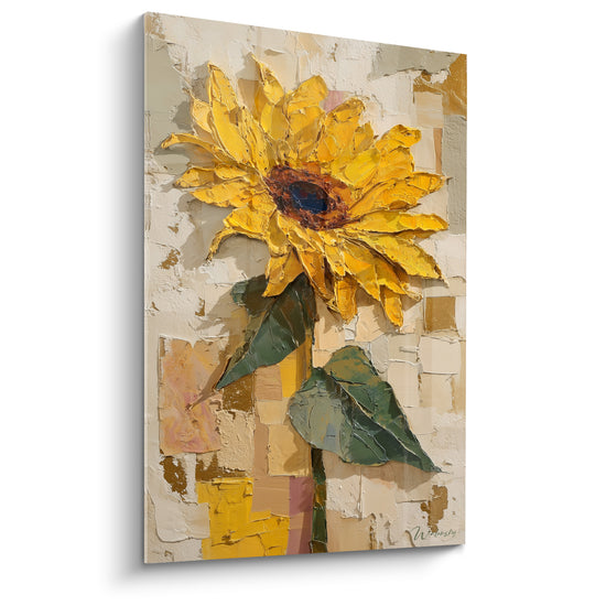 Tableau Tournesol jaune et ivoire sur mur en damier - Cœur brun et bleu marine - Edition Tournesol