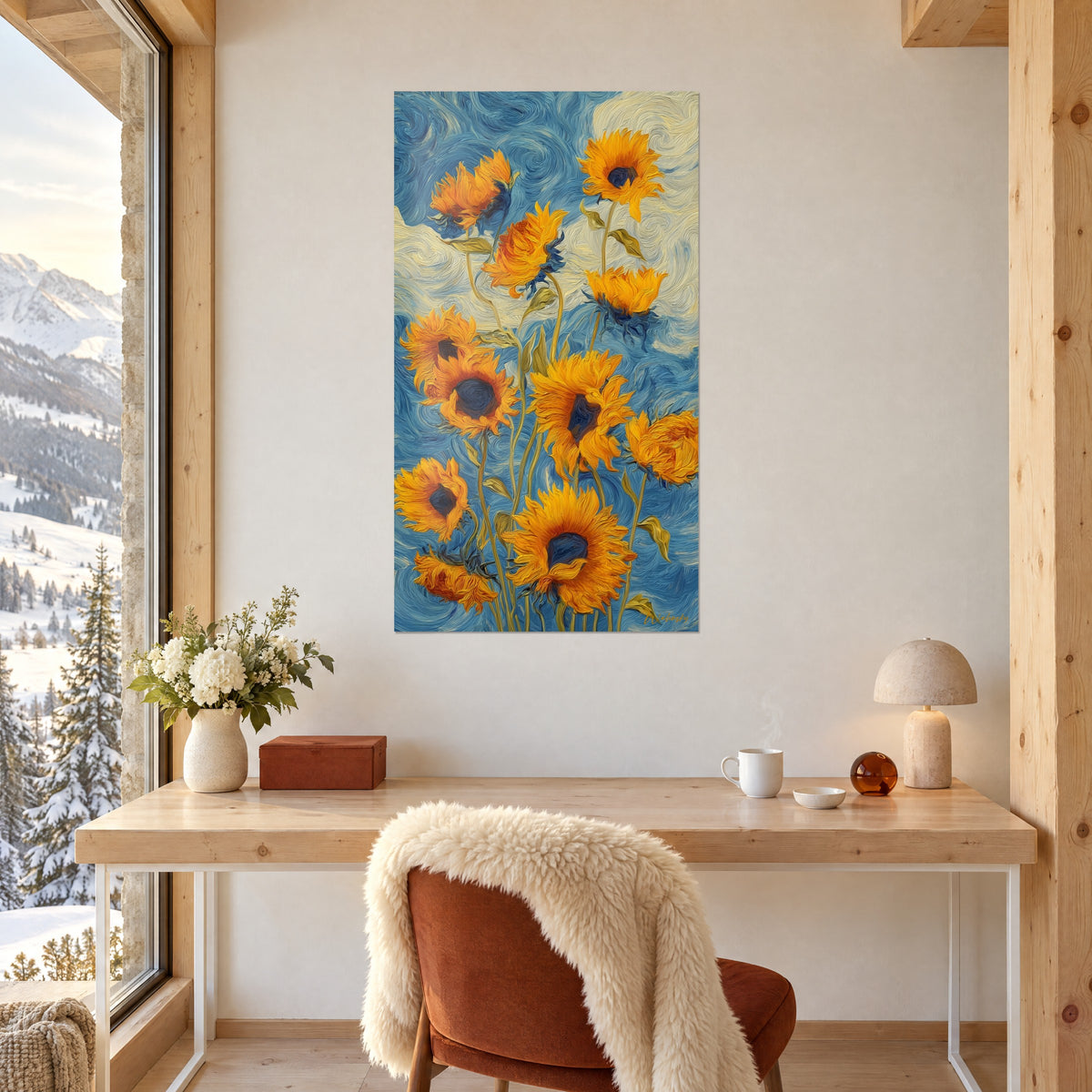 Cuadro de girasoles amarillo dorado y hojas verde oliva, fondo azul en volutas, colgado encima de un escritorio de madera clara