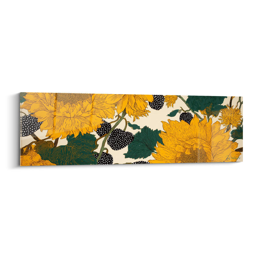 Tableau Tournesols jaune et vert entourés de mûres pointillées - Fruits noirs mouchetés - Edition Tournesol