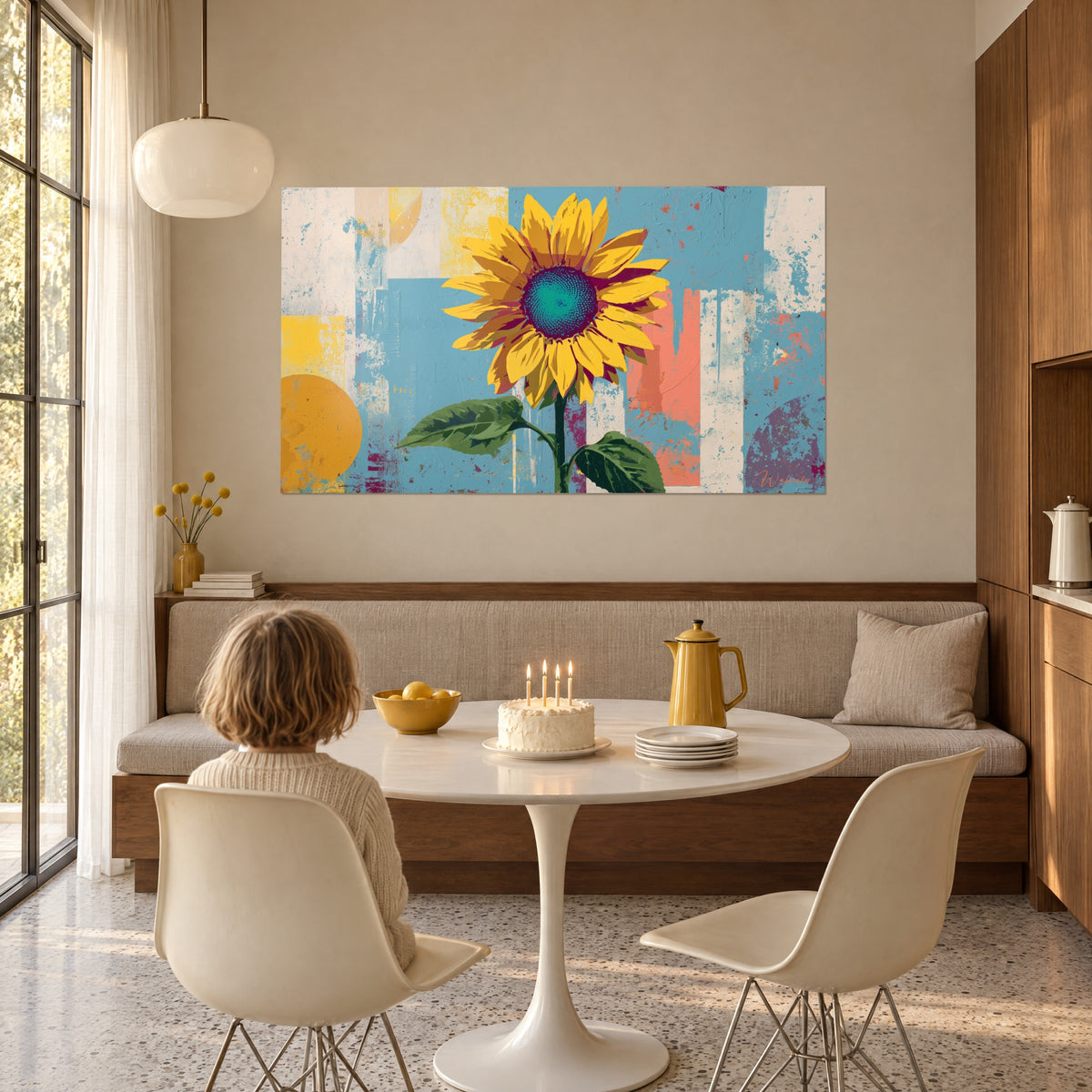 Tableau héliotrope jaune vif au disque turquoise, cercles ocre sur fond bleu, mur d'une salle à manger familiale