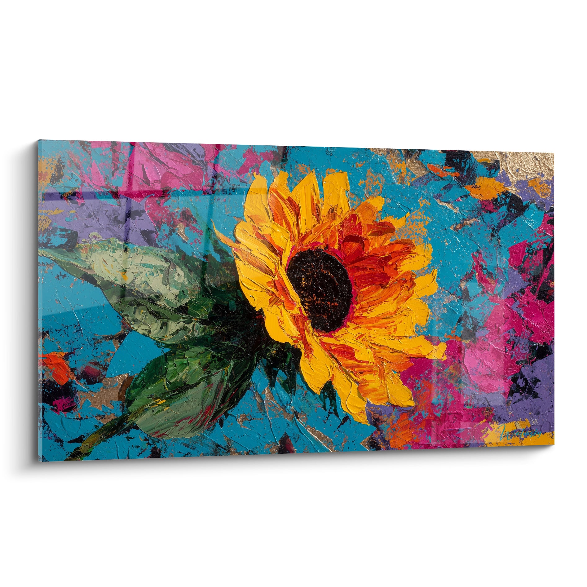 Tournesol jaune et orange au cœur brun sur fond bleu turquoise et rose vif