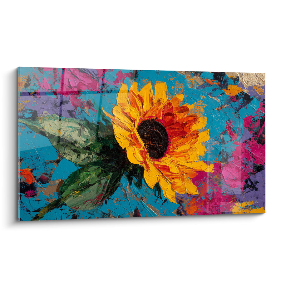 Tableau Tournesol jaune et bleu sur fond fuchsia éclaboussé - Cœur brun texturé - Edition Tournesol