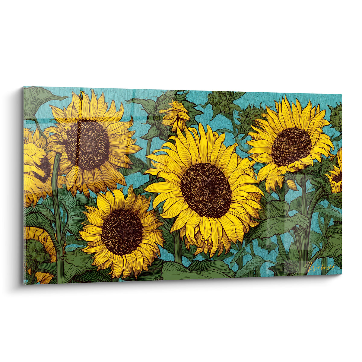 Tournesols jaunes aux cœurs bruns détaillés se détachant sur un fond turquoise graphique