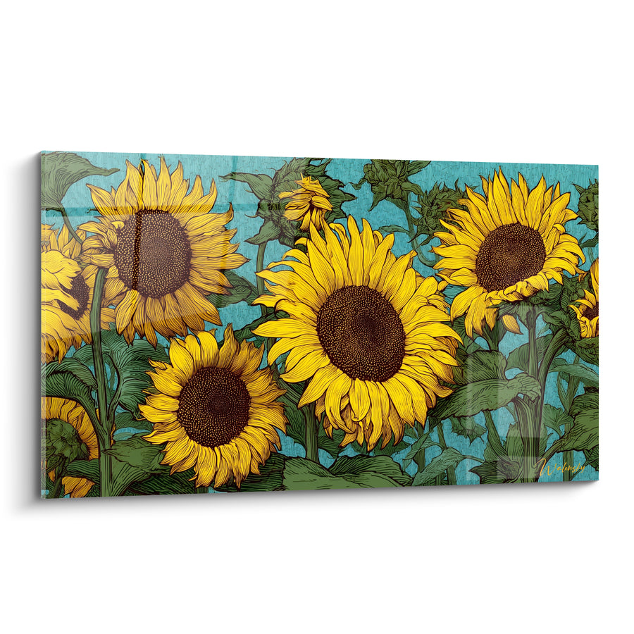 Tableau Tournesols jaunes et fond turquoise illustré - Éveil estival - Edition Tournesol