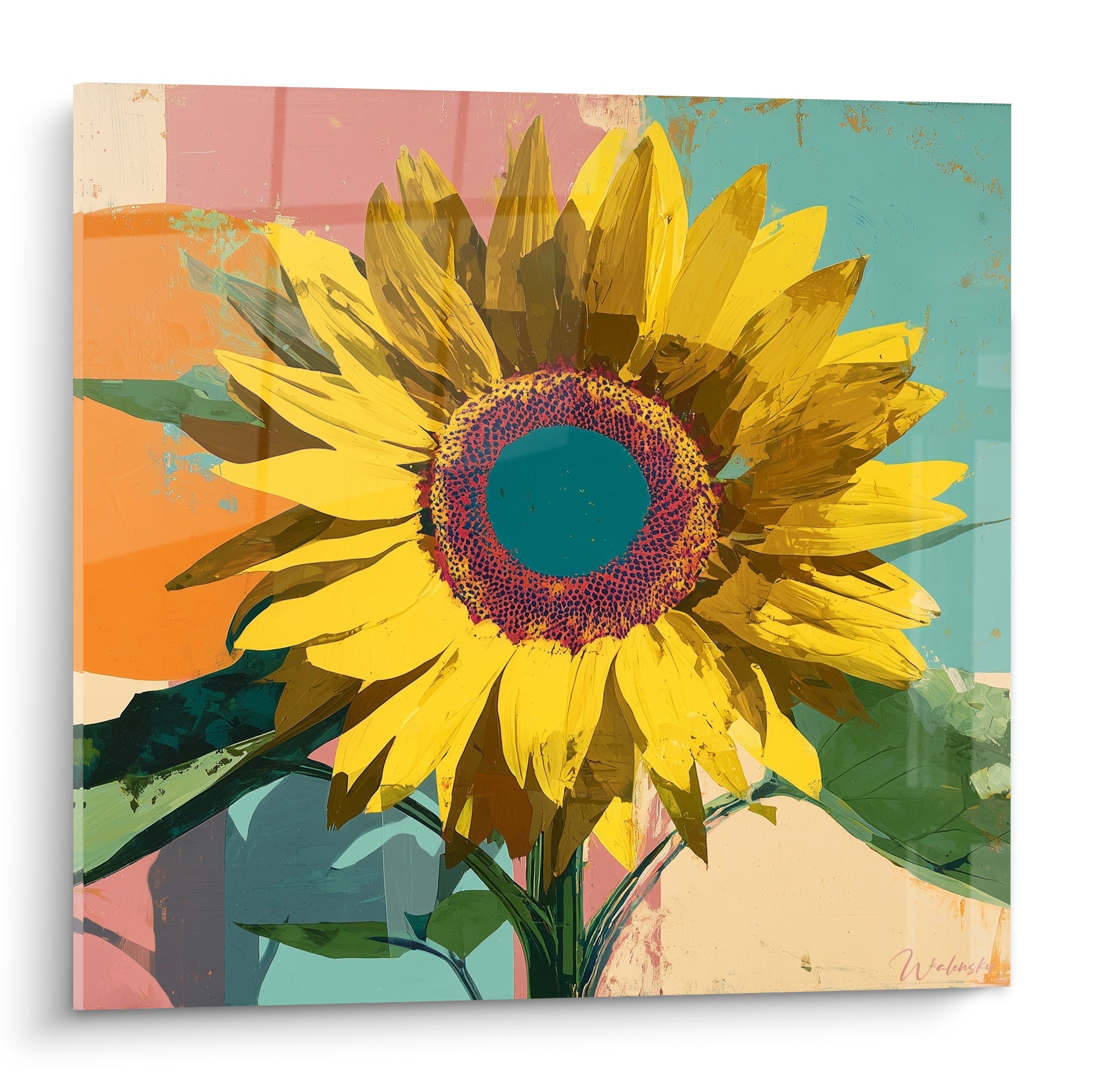 Tournesol jaune éclatant au cœur turquoise sur fond graphique orange et corail