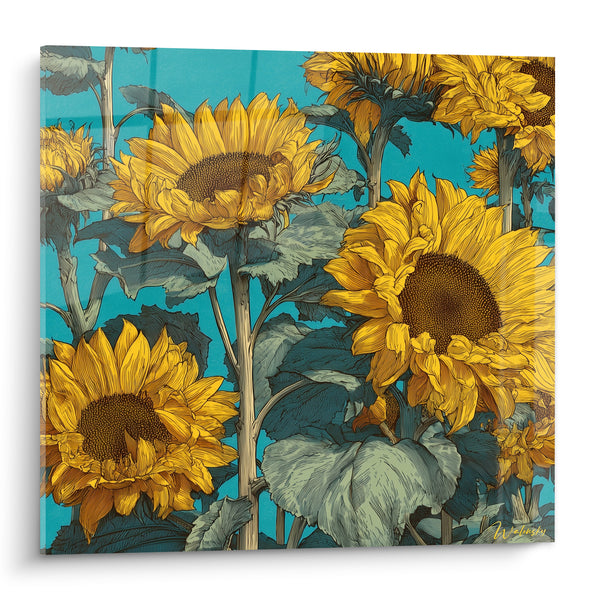 Tableau Tournesols jaunes et bleu turquoise illustrés - Éclosion estivale - Edition Tournesol