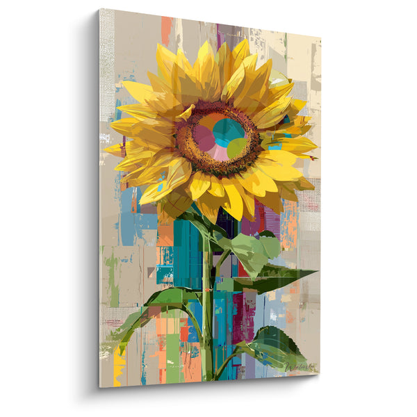 Tableau Tournesol jaune et turquoise fond patchwork - Éclosion urbaine - Edition Tournesol
