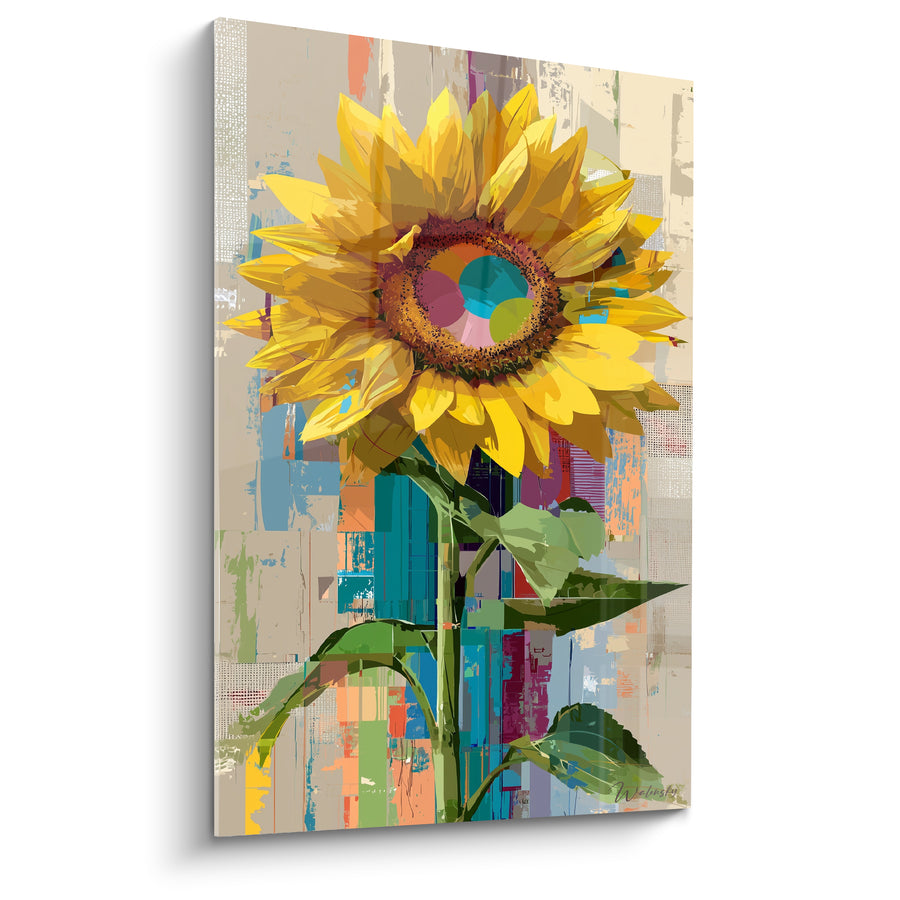 Tableau Tournesol jaune et turquoise fond patchwork - Éclosion urbaine - Edition Tournesol