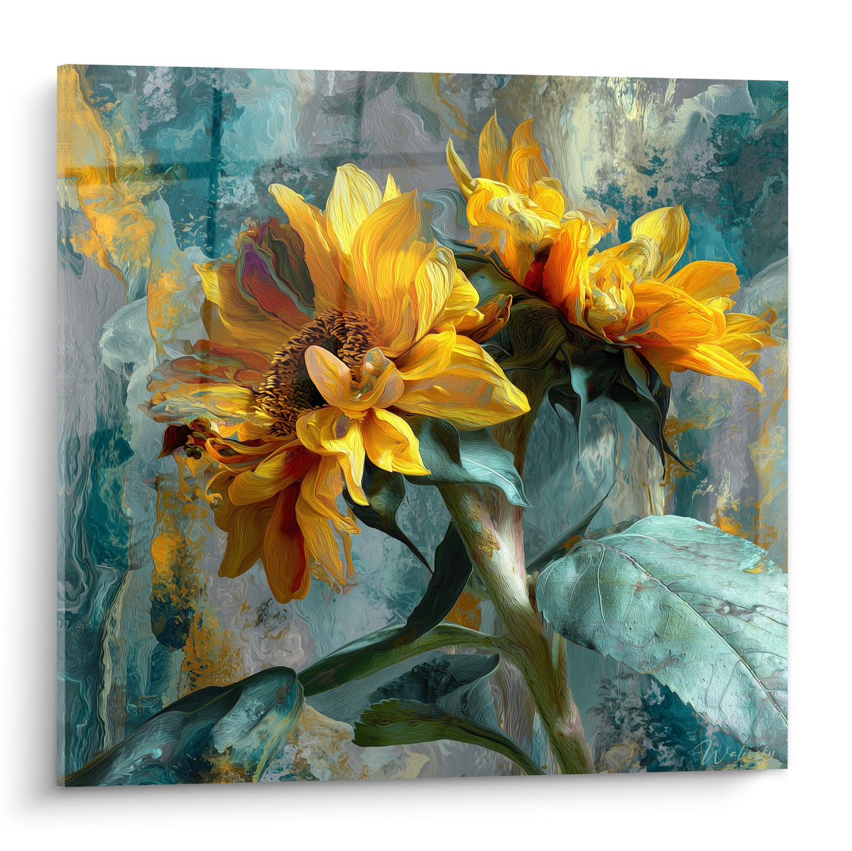 Tournesols jaunes et ocre aux pétales flétris sur fond bleu turquoise texturé, style pictural expressif