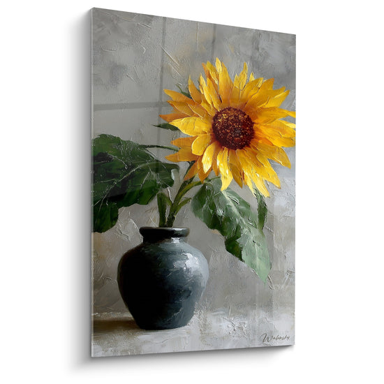 Tableau Tournesol jaune et gris en vase ardoise - Cœur brun duveteux - Edition Tournesol