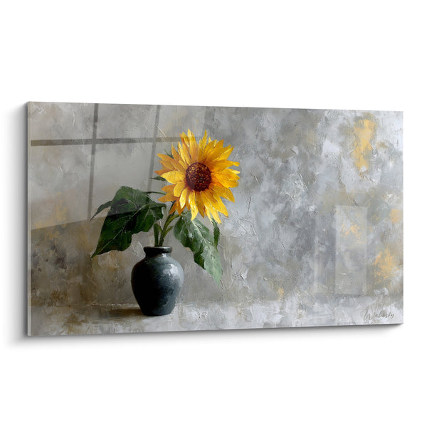 Tableau Tournesol jaune vase anthracite texturé - Instant de sobriété - Edition Tournesol