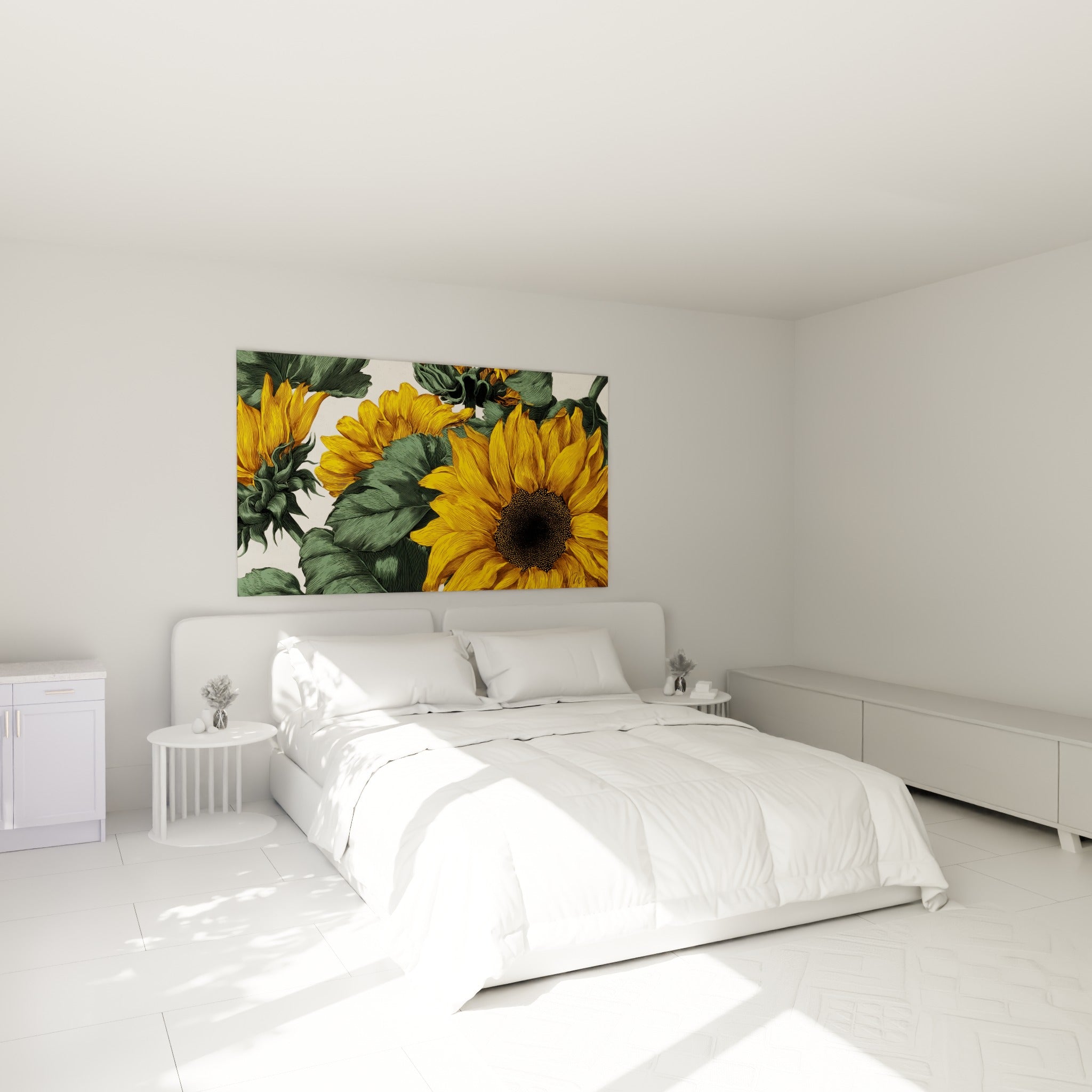 Fleurs de tournesol jaune doré au cœur noir moucheté, accrochées au-dessus d'un lit dans une chambre claire