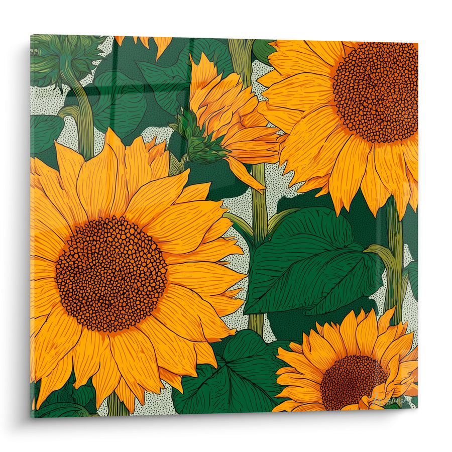 Tableau Tournesols orange et vert au fond pointillé clair - Bourgeon en gros plan - Edition Tournesol