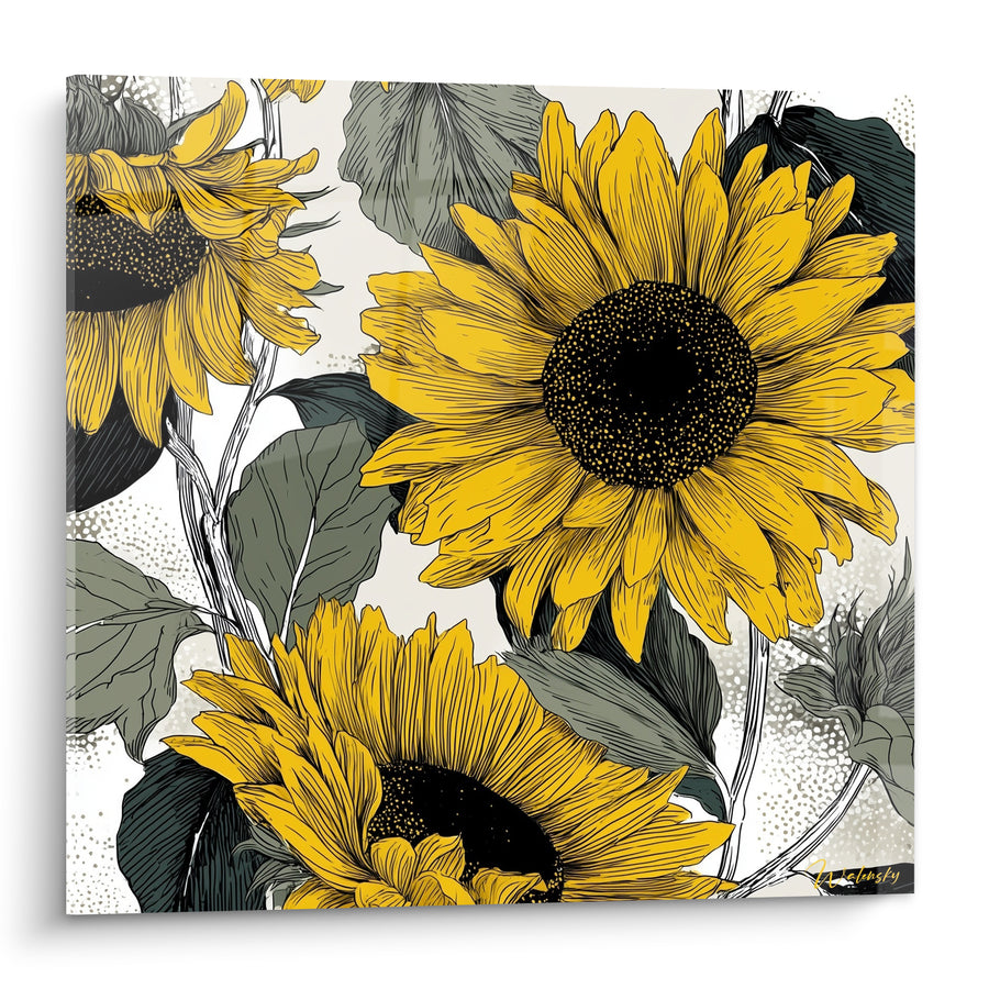 Tableau Tournesols jaunes et gris sur fond pointillé - Cœurs noirs mouchetés - Edition Tournesol