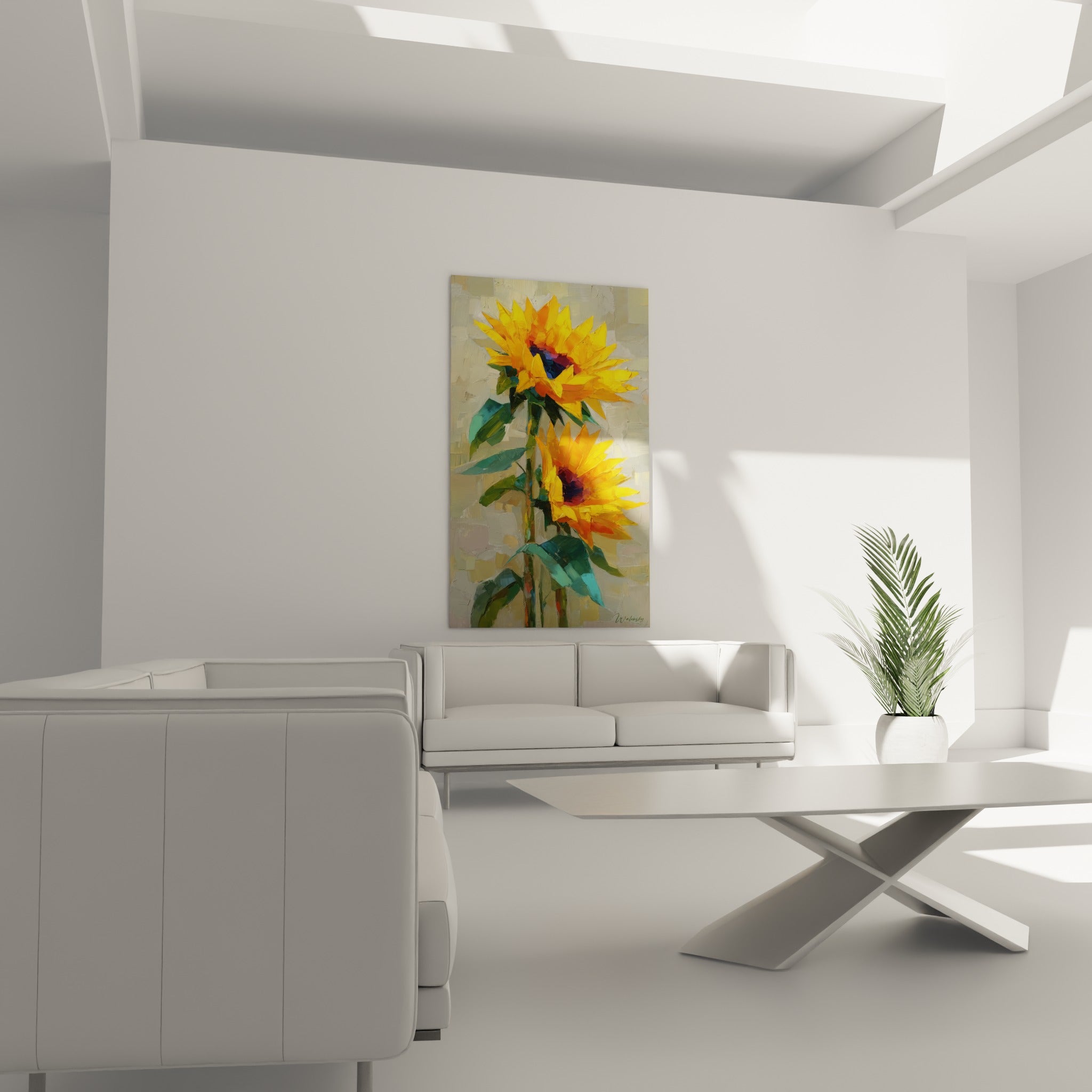 Fleurs jaune et vert sauge en textures sculptées, disposées au-dessus d'un canapé dans un salon lumineux