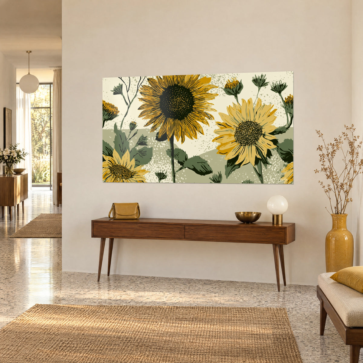 Schilderij met okergele bloemen met gestreepte bloemblaadjes, crème achtergrond met stippen, aan een beige muur, houten console, driekwartaanzicht