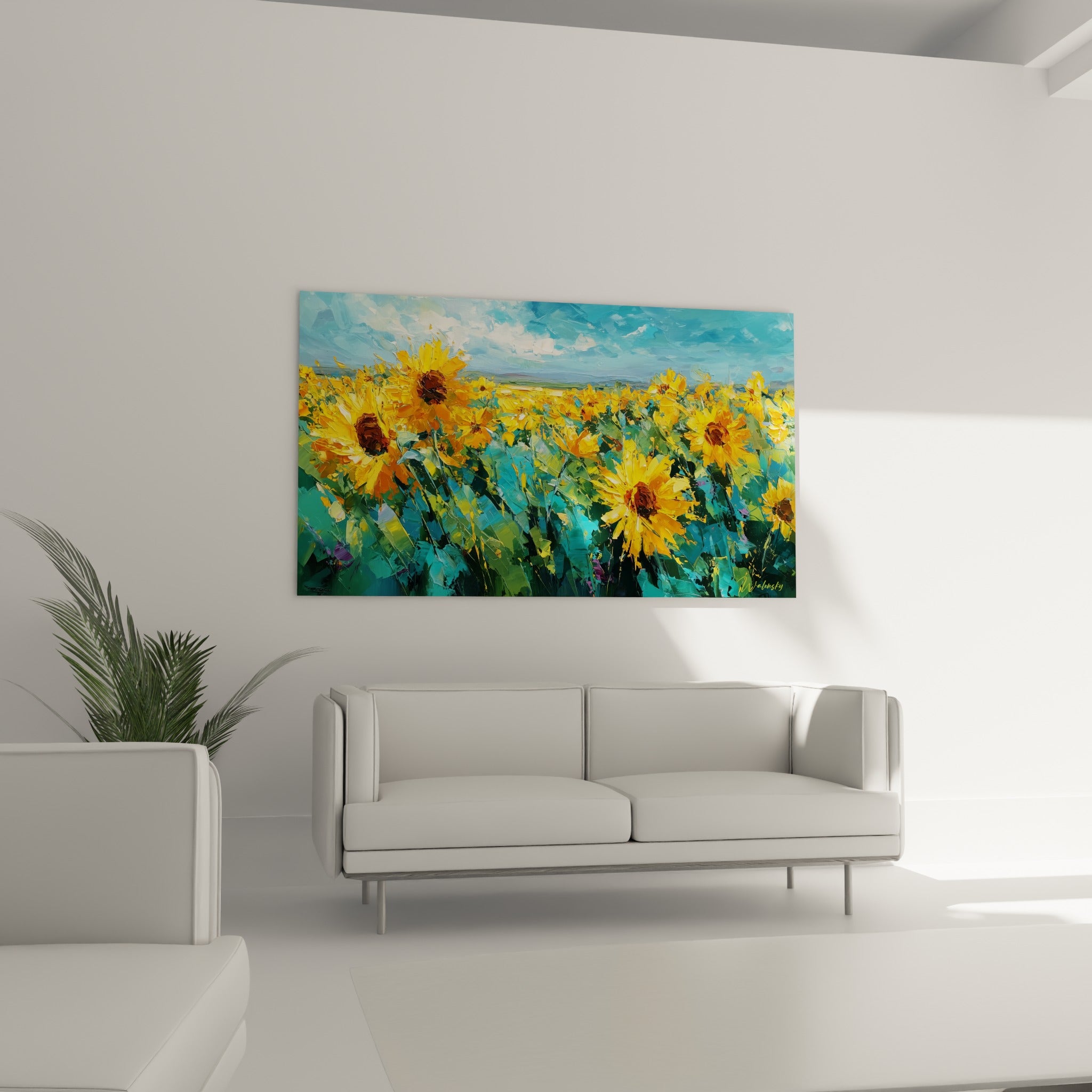 Tournesols jaune vif sur fond turquoise et vert émeraude, disposés au-dessus d'un canapé dans un salon lumineux