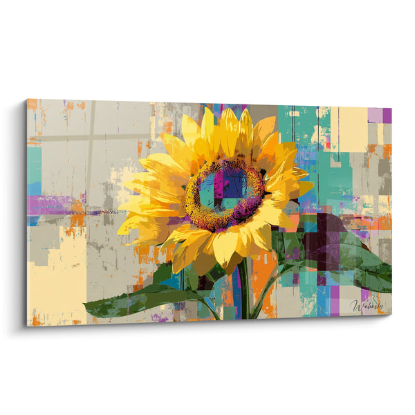 Tableau Tournesol jaune et violet sur fond patchwork bariolé - Cœur turquoise et magenta - Edition Tournesol
