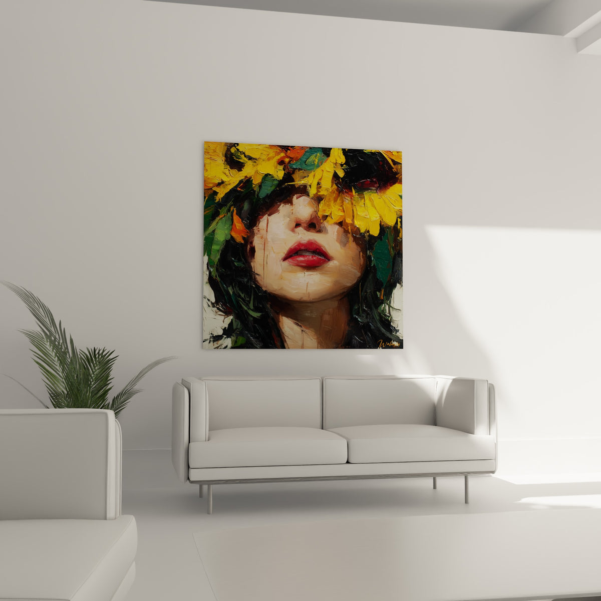Portrait fleuri du Tournesol aux tons verts et dorés au-dessus d'un canapé dans un salon lumineux