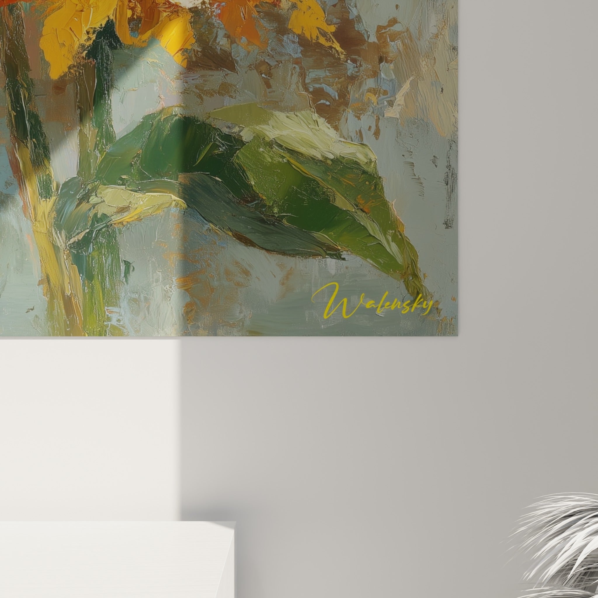 Empâtements épais jaune orangé et bleu gris révélant la matière du tournesol peint au couteau