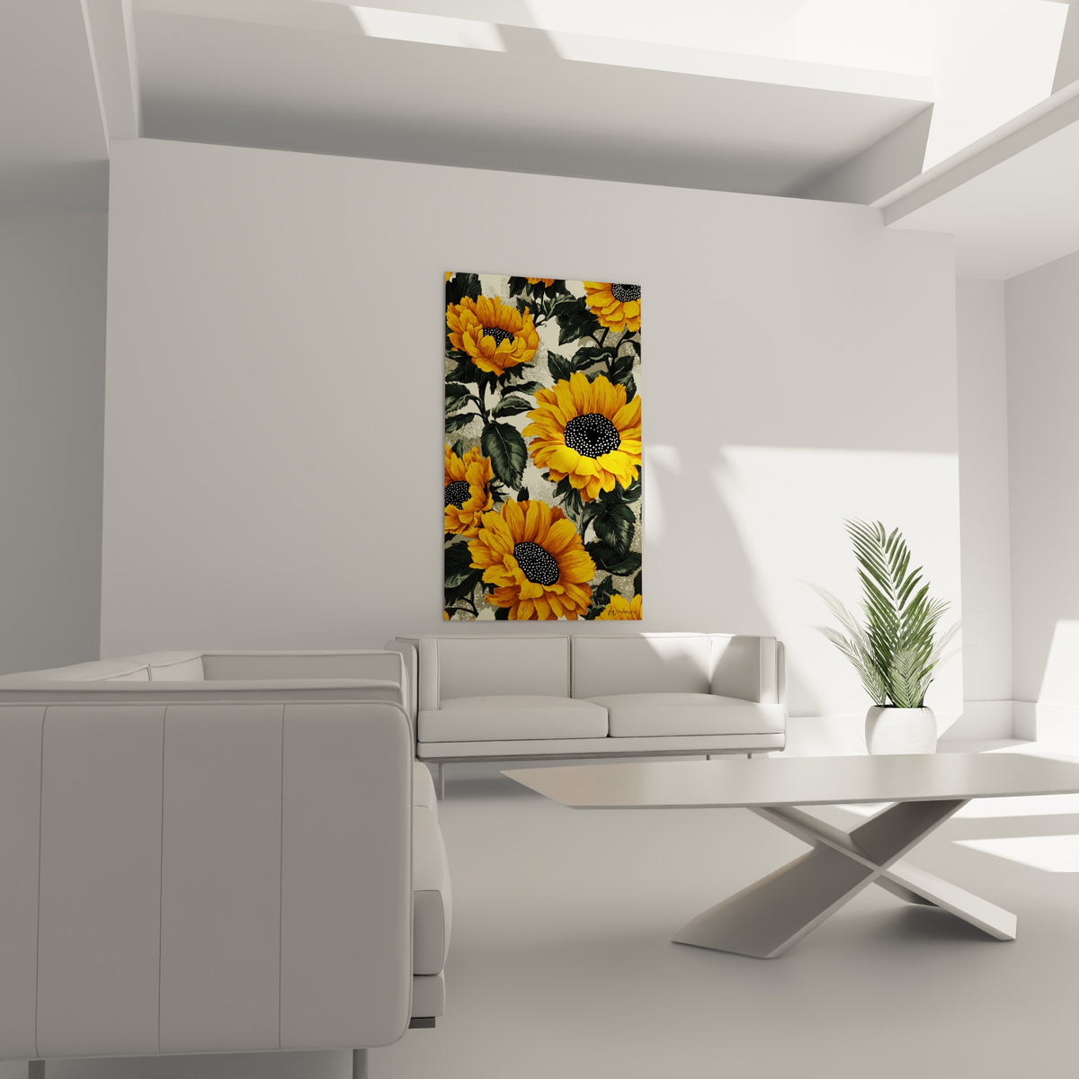 Motif floral doré et feuillage sombre du tournesol placé au-dessus d'un canapé dans un salon lumineux