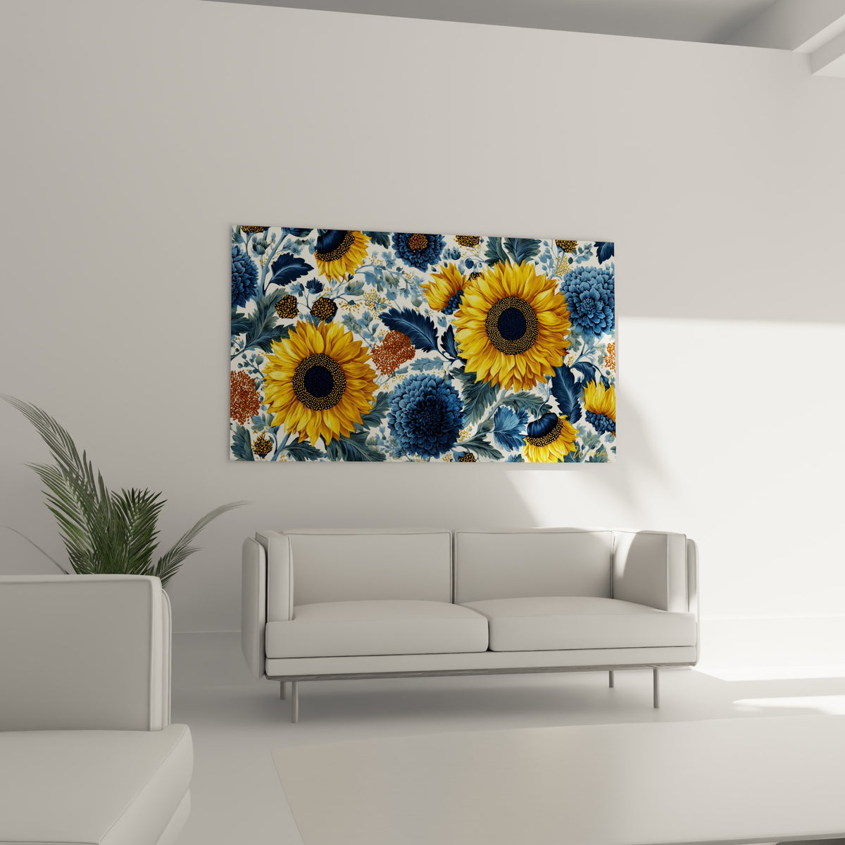 Motif floral jaune et bleu marine aux touches terracotta au-dessus d'un canapé dans un salon lumineux