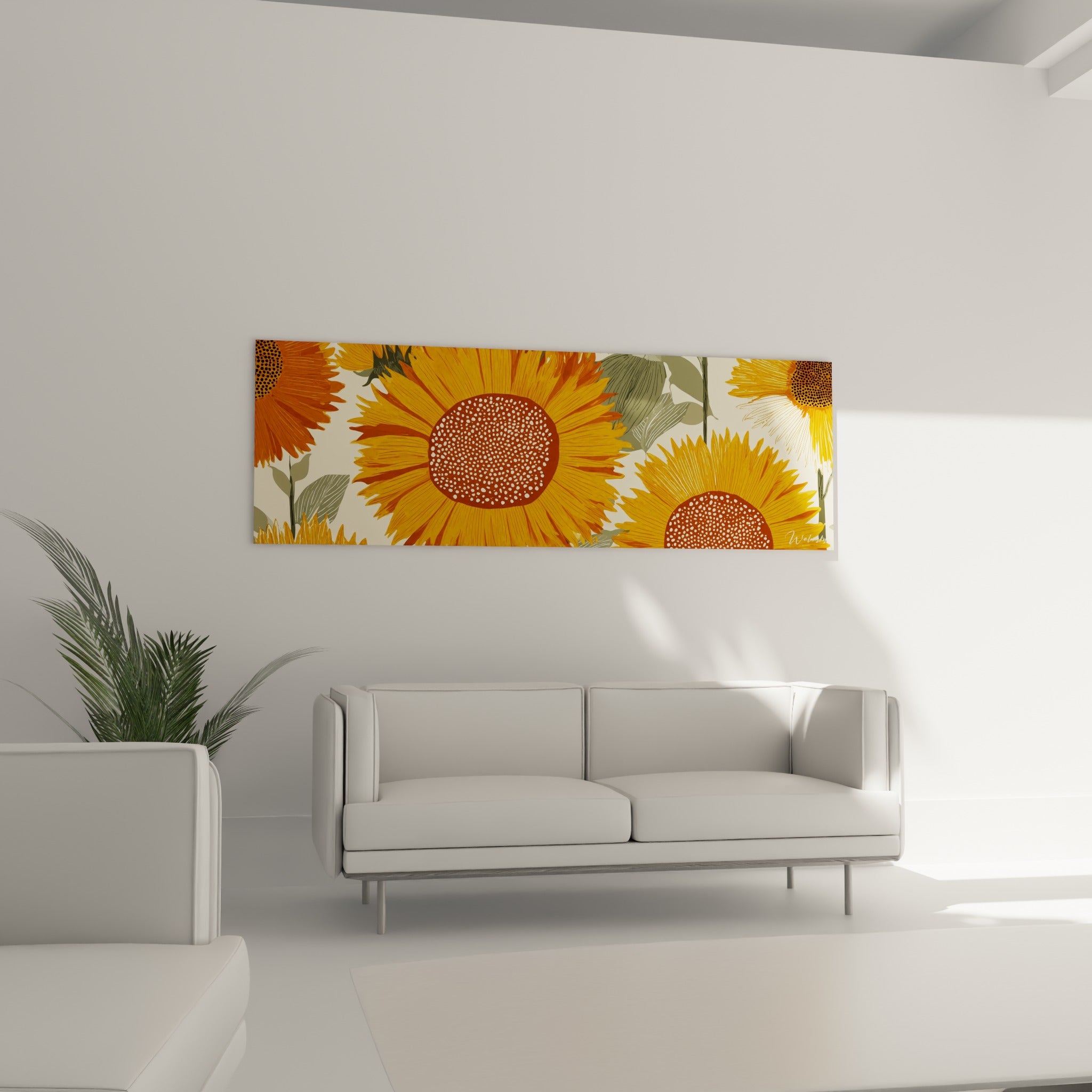 Motif floral de tournesols jaune moutarde et vert sauge, disposé au-dessus d'un canapé dans un salon lumineux