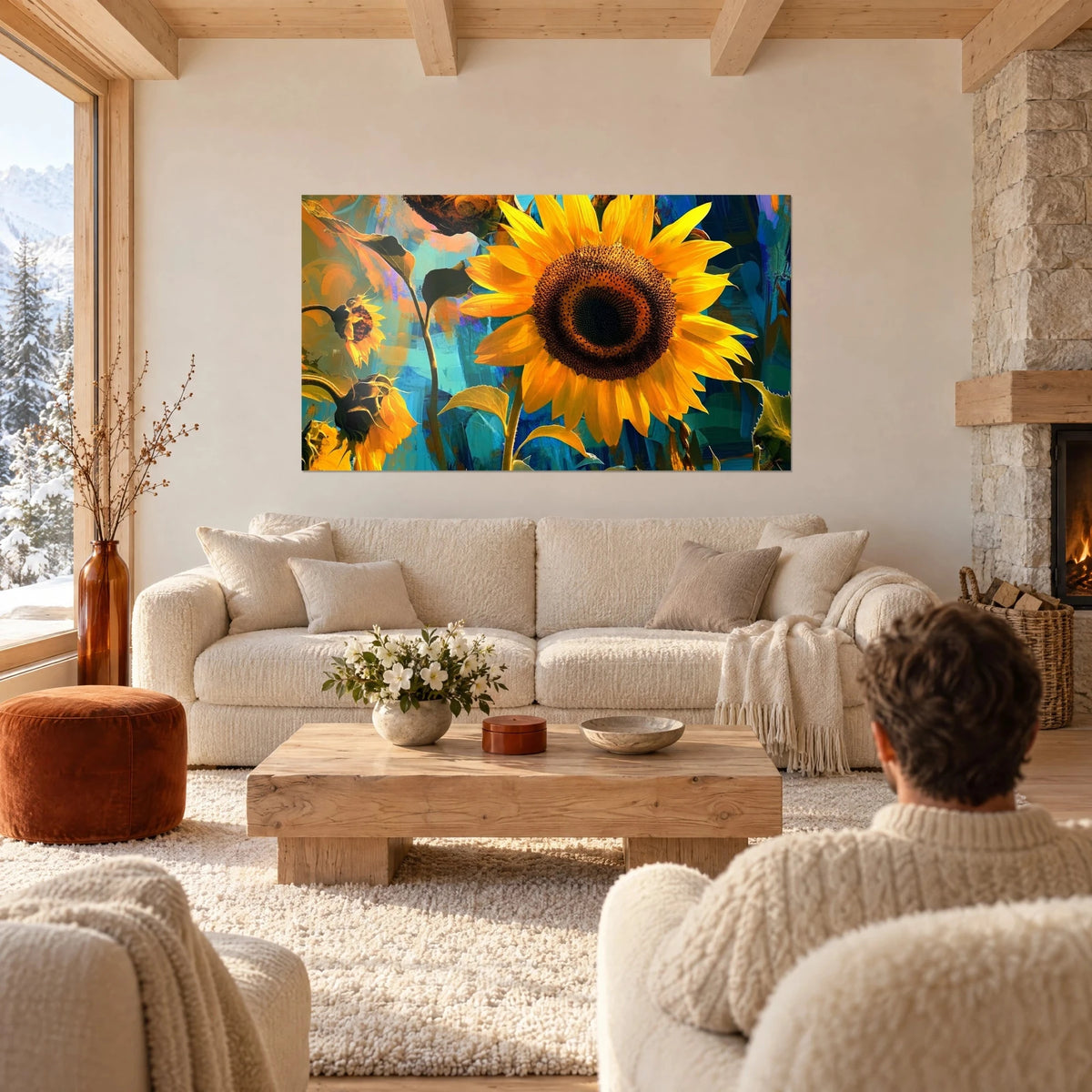 Tableau tournesol aux pétales jaune d'or et cœur brun, fond turquoise peint, au-dessus d'un canapé dans un salon lumineux