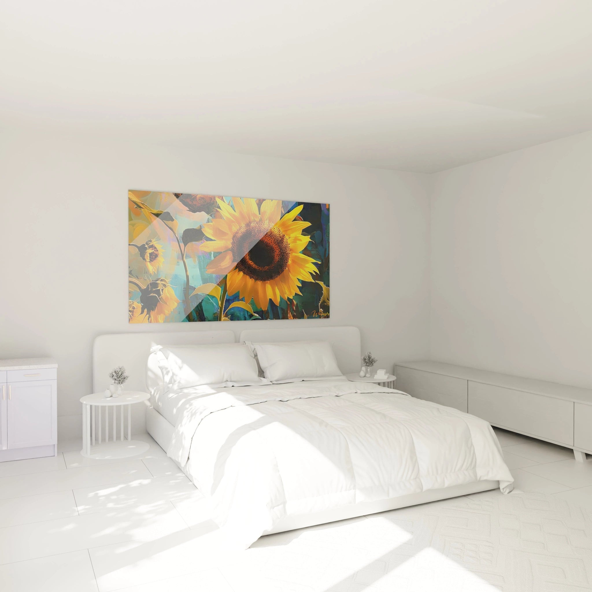 Un tableau tournesol nature mettant en avant un tournesol central aux couleurs jaune et orange, entouré de fleurs similaires, avec un arrière-plan bleu texturé et des détails peints en relief.

