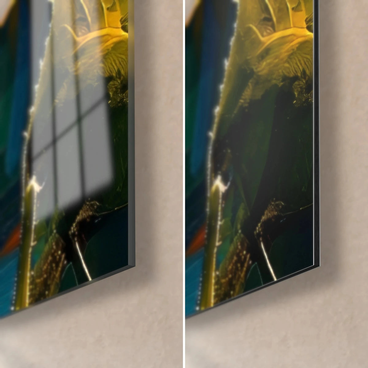 Tableau tournesol, coin bas droit : feuille vert olive sur fond bleu nuit, verre brillant à reflets et Dibond mat, tranche 3 mm