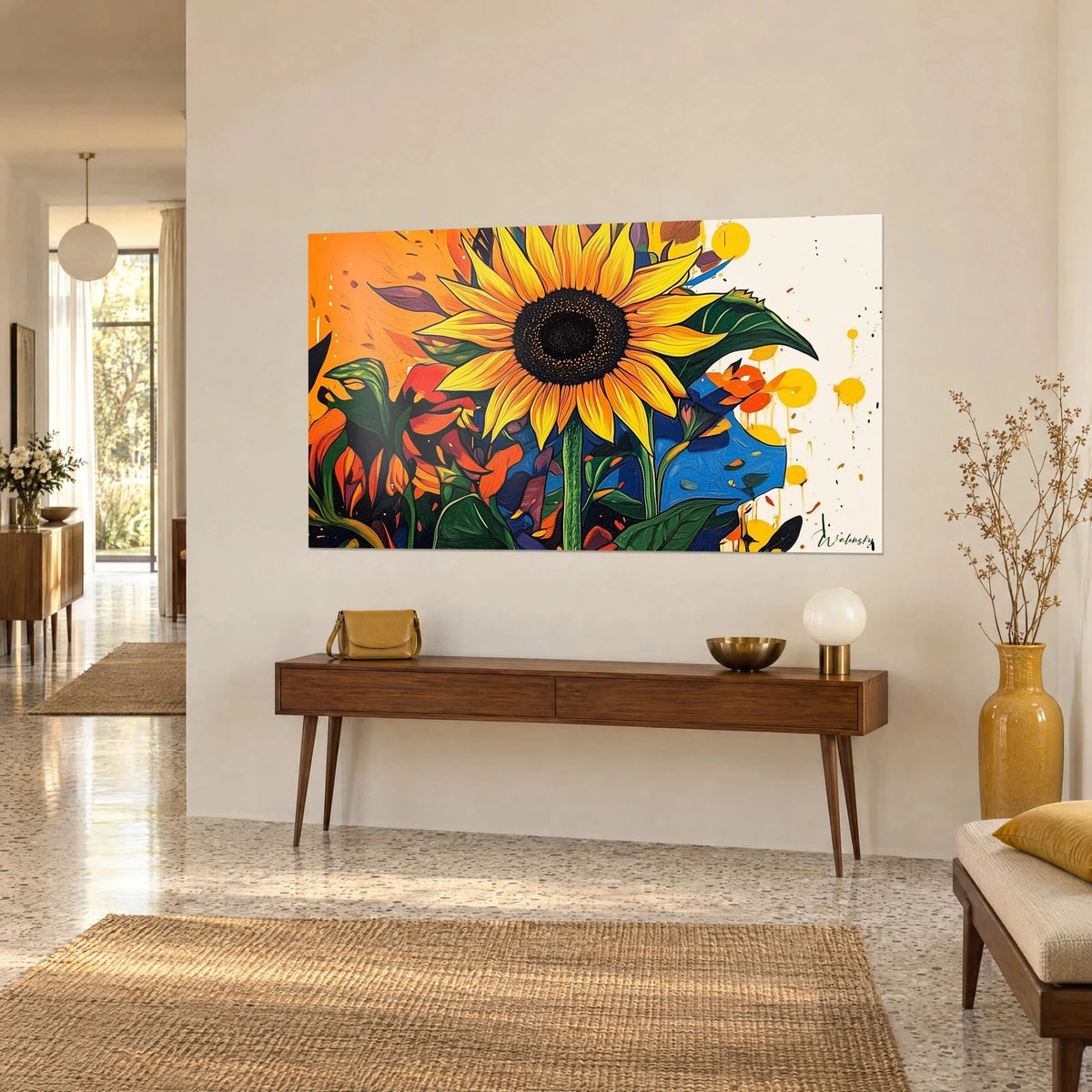 Schilderij zonnebloem met gouden blaadjes omlijnd in zwart, oker spatten op crème achtergrond, drie-kwart zicht boven een houten console