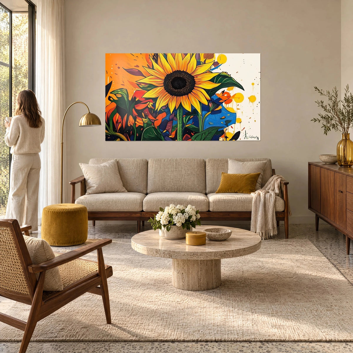 Schilderij groot zonnebloem in saffraangeel met zwart hart op oranje en witte achtergrond, groene bladeren, boven een bank in een lichte woonkamer
