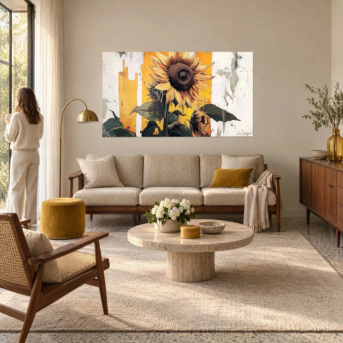 Schilderij groot zonnebloem met okerkleurige blaadjes en bruin hart, op een mosterdgele en afgebladderde witte achtergrond, boven een bank in een lichte woonkamer