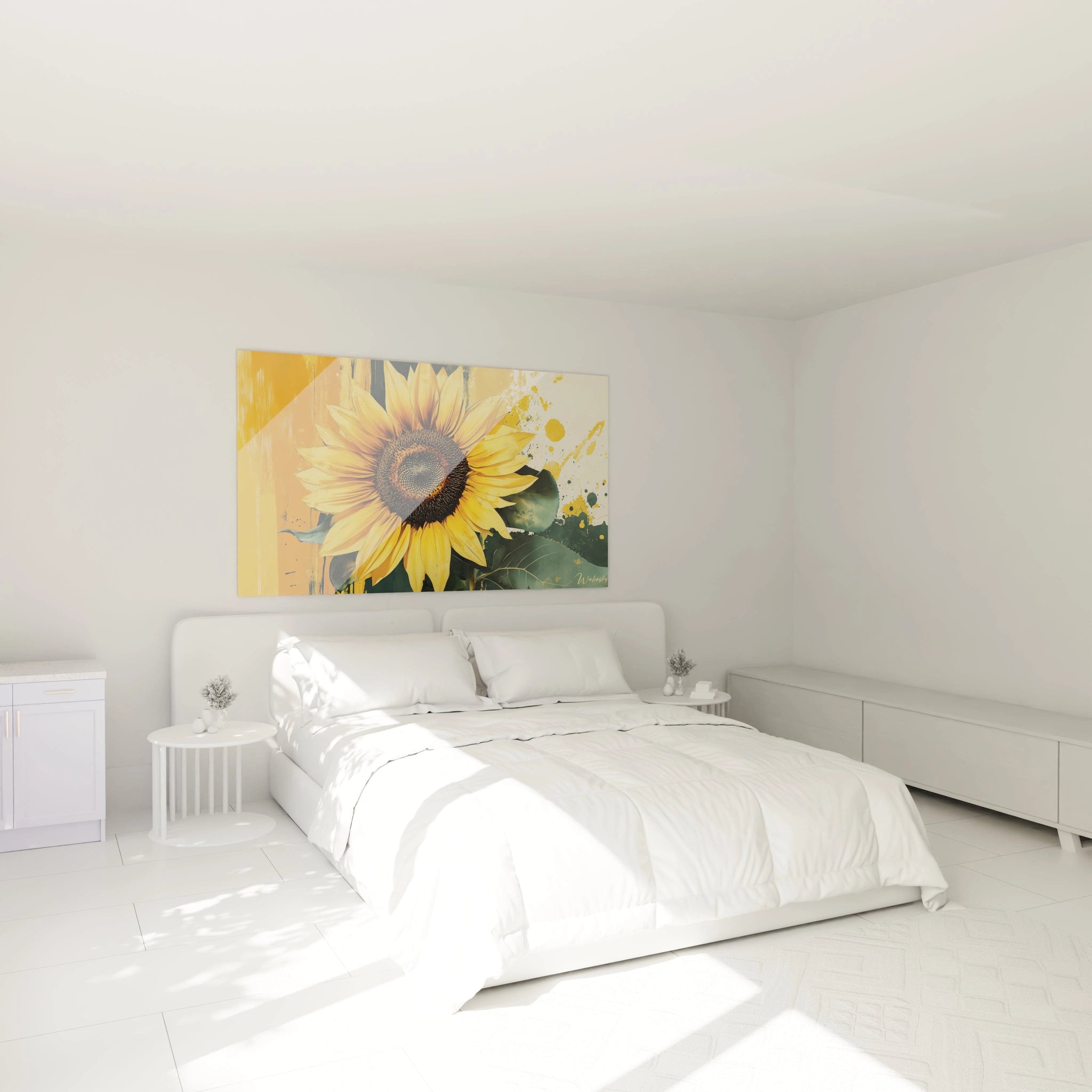 Un tableau tournesol nature mettant en scène une fleur détaillée aux pétales jaunes sur un fond abstrait aux touches vertes et beiges. Des textures granuleuses et des traits fluides structurent l’image.

