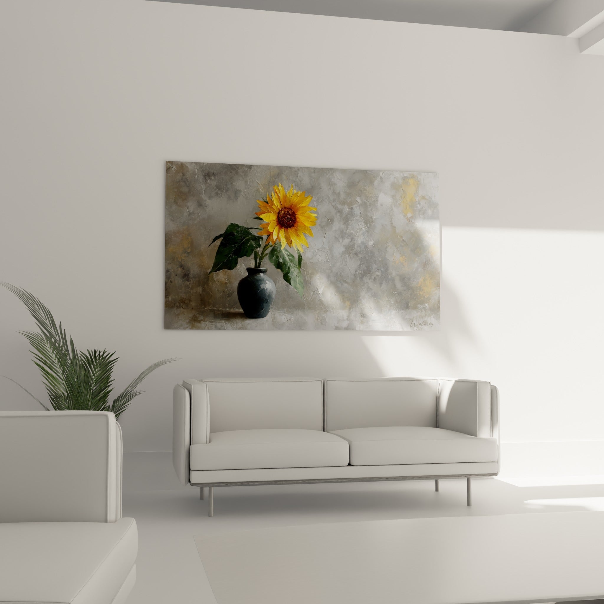Nature morte tournesol doré et vert dans un vase gris foncé, au-dessus d'un canapé dans un salon lumineux