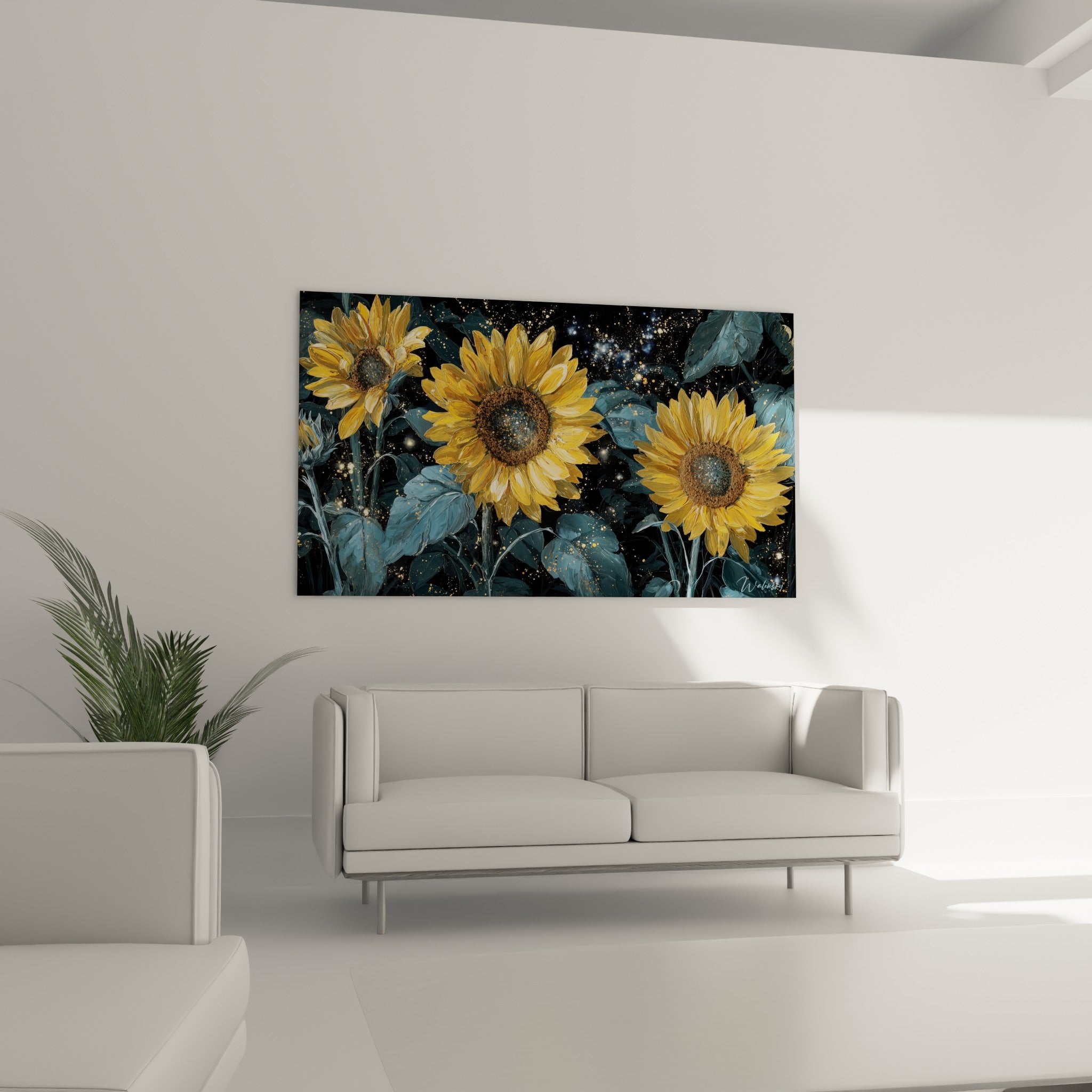 Bouquet de tournesols ocre et anthracite au-dessus d'un canapé dans un salon lumineux