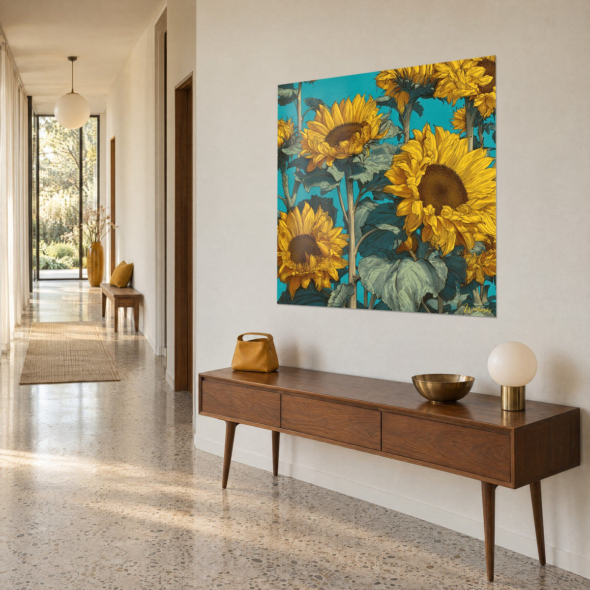 Wall art ochre and yellow sunflowers with large grey-green leaves, three-quarter view in a 1950s hallway